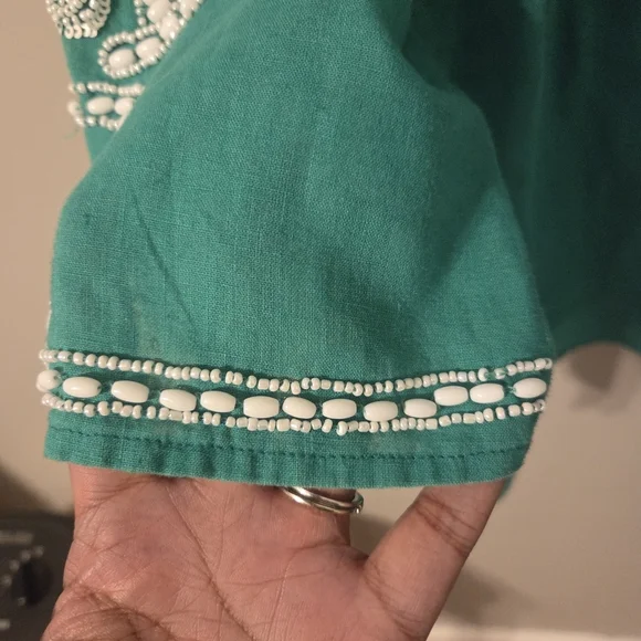 Chico’s Womans Green Linen Blend Beaded Tunic Top. Sz 1/M Resortwear Coastal - Picture 7 of 9